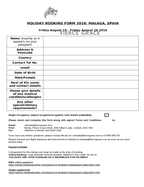 HOLIDAY BOOKING FORM 2016: MALAGA, SPAIN