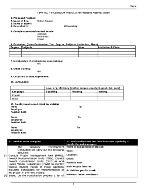 Form TECH-5 Curriculum Vitae (CV) for Proposed National Expert