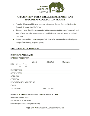 APPLICATION FOR A WILDLIFE RESEARCH AND SPECIMENS COLLECTION PERMIT
