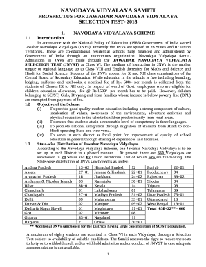 PROSPECTUS FOR JAWAHAR NAVODAYA VIDYALAYA SELECTION TEST- 2018