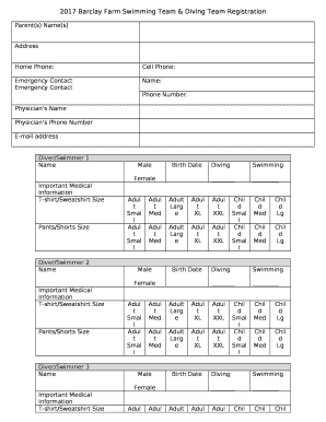 2017 Barclay Farm Swimming Team & Diving Team Registration