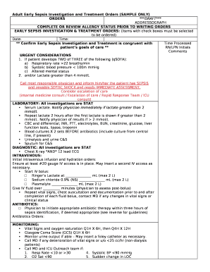 Adult Early Sepsis Investigation and Treatment Orders (SAMPLE ONLY)