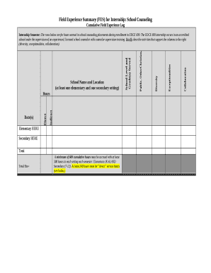 Internship Semester: The rows below are for hours earned in school counseling placements during enrollment in EDCE 699