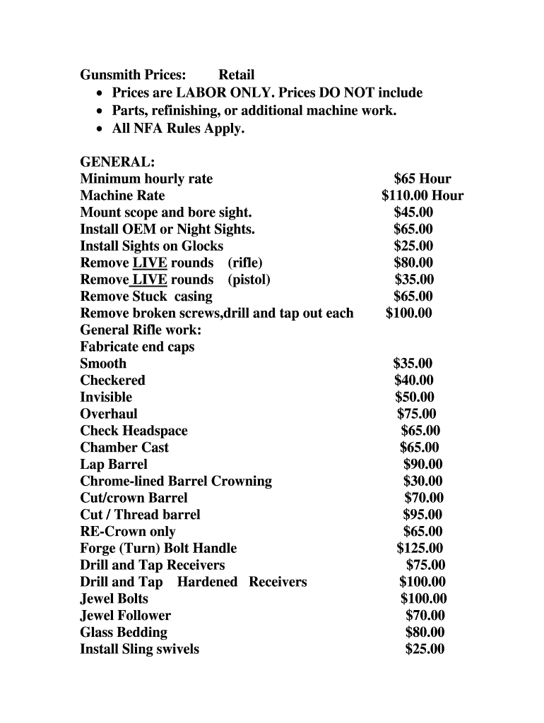 Fillable Online Gunsmith Prices Fax Email Print pdfFiller