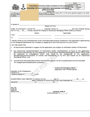 The following pertinent documents and information shall be submitted in support of Change AMO of PCAB license application