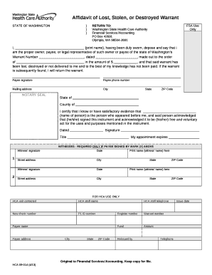 Affidavit of Lost, Stolen, or Destroyed Warrant