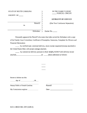 Personally appeared the Plaintiff who states that (s)he served the Defendant with a copy of the Family Court Coversheet, Certificate of Exemption, Summons, Complaint for Divorce and Financial Declaration: