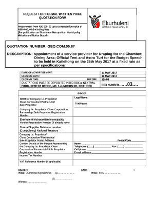 DESCRIPTION: Appointment of a service provider for Draping for the Chamber; Dining Area; Official Tent and Astro Turf for the Budget Speech to be held in Katlehong on the 25th May 2017 at a fixed rate as per specifications