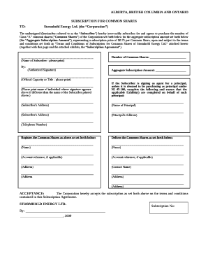 SUBSCRIPTION FOR COMMON SHARES