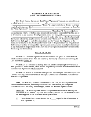 This Repair Escrow Agreement - Land Trust ("Agreement") is made and entered into, to be effective as of, , by, a("Trustee"), not personally but as Trustee under that certain Trust Agreement dated,and known as Trust No