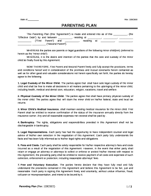 This Parenting Plan (this Agreement) is made and entered into as of this , (the Effective Date) by and between , residing at , , (First Parent) and , residing at , , (Second Parent)