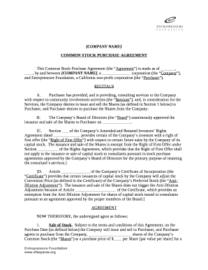 This Common Stock Purchase Agreement (the Agreement) is made as of , , by and between COMPANY NAME, a corporation (the Company), and Entrepreneurs Foundation, a California non-profit corporation (the Purchaser)