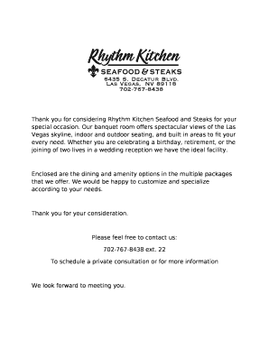 Thank you for considering Rhythm Kitchen Seafood and Steaks for your special occasion
