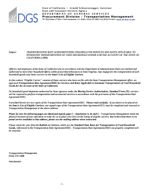 Subject:TRANSPORTATION RATE AGREEMENT/HHG (TRA/HHG) FOR SERVICES AND RATES APPLICABLE TO INTRASTATE TRANSPORTATION OF USED HOUSEHOLD GOODS FOR THE ACCOUNT OF THE STATE OF CALIFORNIA (2009)
