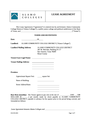 This Lease Agreement (Agreement) is entered into by and between Alamo Community College District (Alamo Colleges), a public junior college and political subdivision of the State of Texas, and (Tenant)