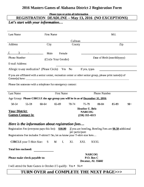 2016 Masters Games of Alabama District 2 Registration Form