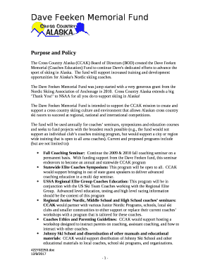 The Cross Country Alaska (CCAK) Board of Directors (BOD) created the Dave Feeken Memorial (Coaches Education) Fund to continue Dave's dedicated efforts to advance the sport of skiing in Alaska