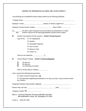 REPORT OF PROHIBITED ALCOHOL-RELATED CONDUCT