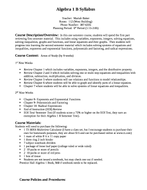 Algebra 1 B Syllabus