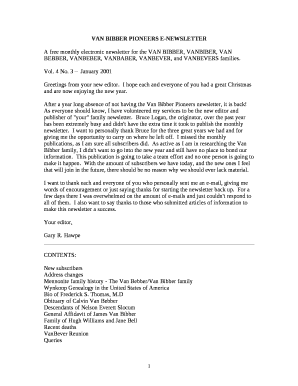 VAN BIBBER PIONEERS E-NEWSLETTER