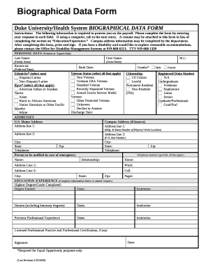 Duke University/Health System BIOGRAPHICAL DATA FORM