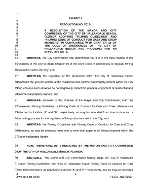 A RESOLUTION OF THE MAYOR AND CITY COMMISSION OF THE CITY OF HALLANDALE BEACH, FLORIDA ADOPTING FILMING GUIDELINES AND FILMING CODE OF CONDUCT FOR CAST AND CREW MEMBERS IN COMPLIANCE WITH CHAPTER 15 OF THE CODE OF ORDINANCES OF THE CITY OF