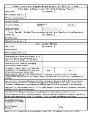 New Malden Little League Player Registration Form 2017/2018