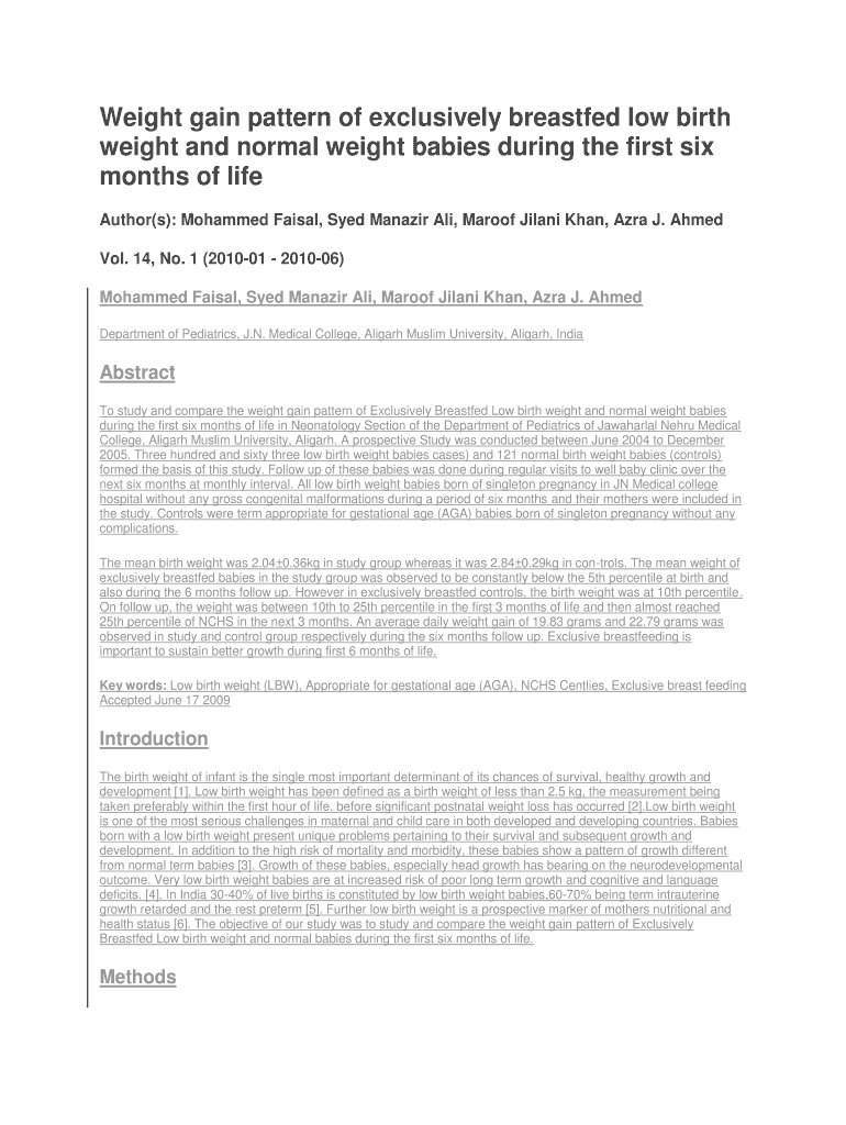 Fillable Online Weight gain pattern of exclusively breastfed low birth