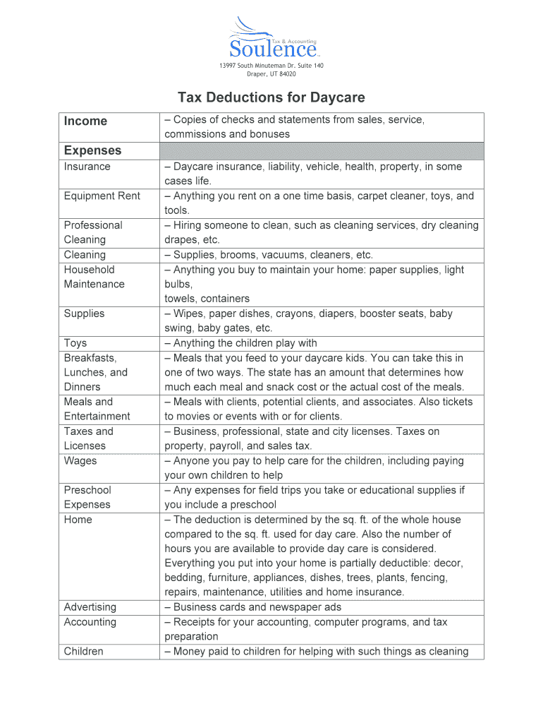 Fillable Online Tax Deductions for Daycare Fax Email Print pdfFiller