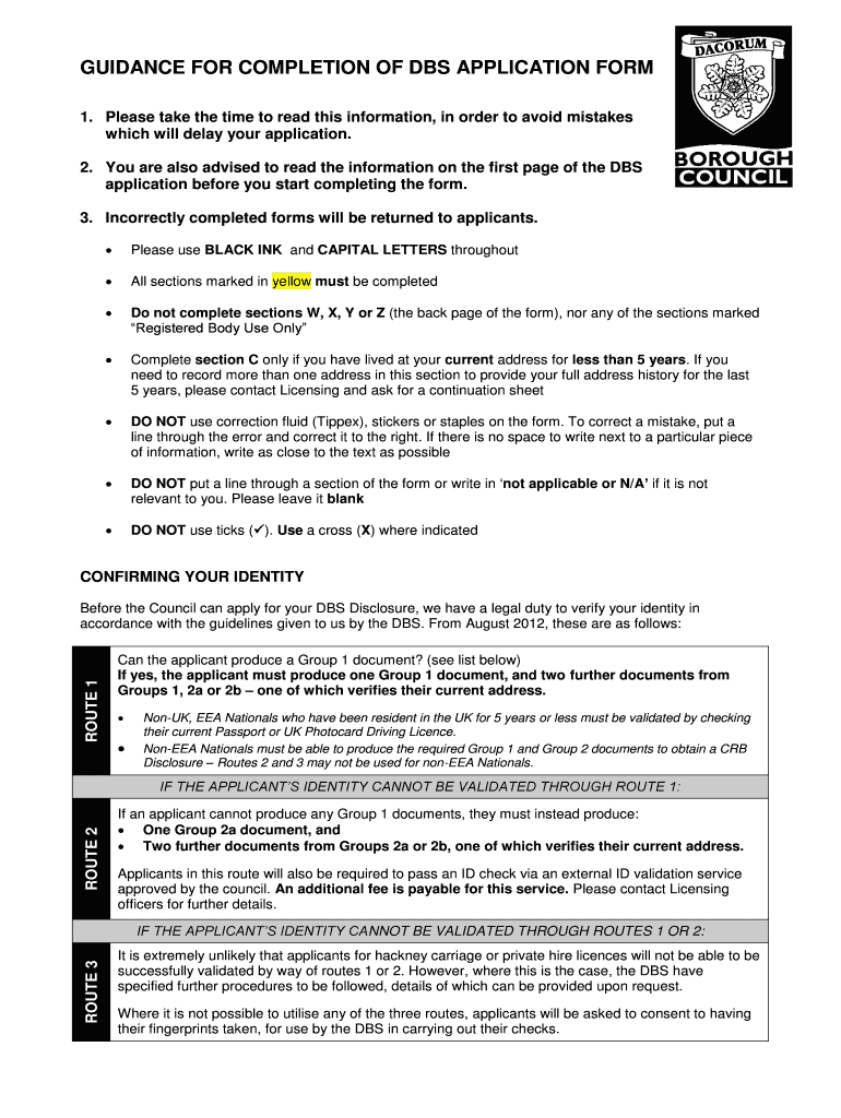 Fillable Online GUIDANCE FOR COMPLETION OF DBS APPLICATION FORM Fax