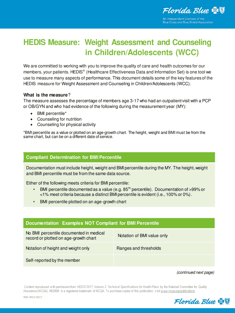 Fillable Online HEDIS Measure Weight Assessment and Counseling Fax