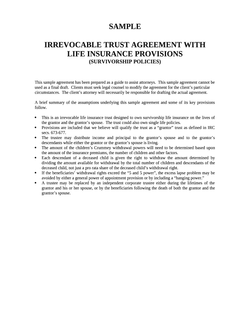 IRREVOCABLE TRUST AGREEMENT WITH LIFE INSURANCE PROVISIONS Preview on Page 1