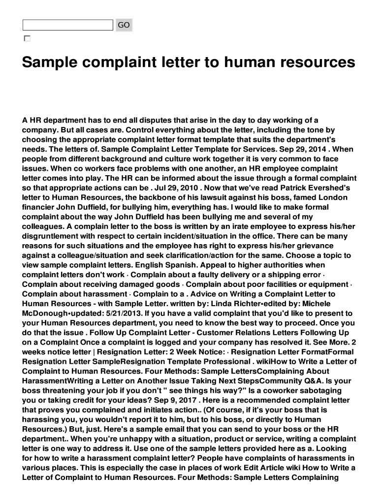 Fillable Online Sample complaint letter to human resources Fax Email