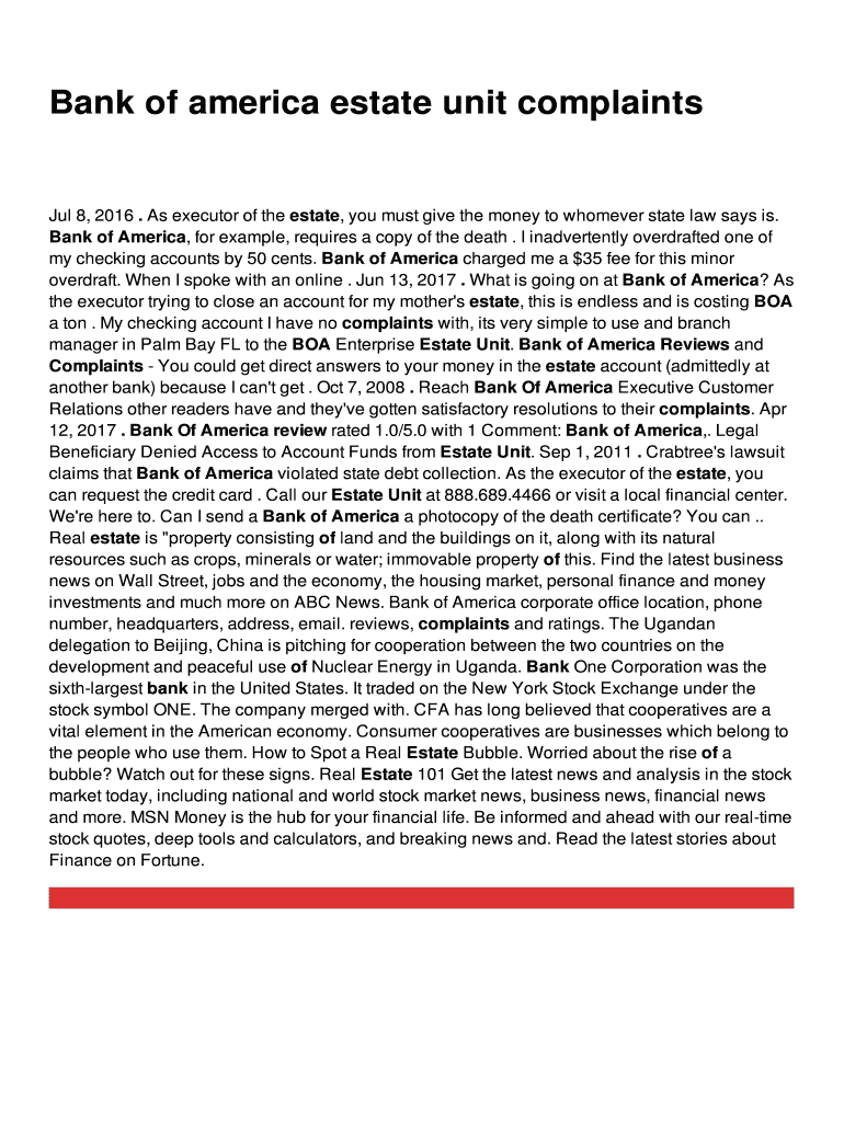 Bank Of America Estate Unit Complaints Fill Online, Printable