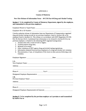 New Hire Release of Information Form -- 49 CFR Part 40 Drug and Alcohol Testing