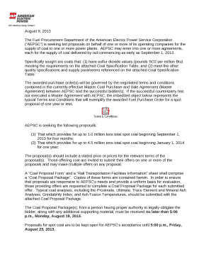 The Fuel Procurement Department of the AmericanElectric Power Service Corporation (AEPSC) is seeking bid proposals on behalf of one or more of its operating companies for the supply of coal to one or more power plants