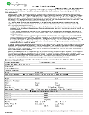 The undersigned (hereinafter called the applicant) hereby applies for membership in, and agrees to purchase electric energy and/or other services from Holmes Wayne Electric Cooperative, Inc