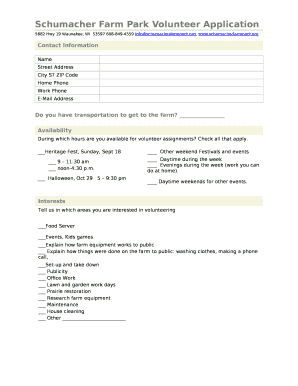 Schumacher Farm Park Volunteer Application
