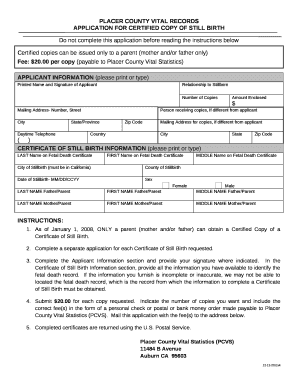 APPLICATION FOR CERTIFIED COPY OF STILL BIRTH
