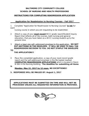 Application for Readmission to Nursing Courses Fall 2017