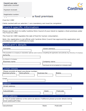 Please use this form to notify Cardinia Shire Council of your intent to register a food premises under The Food Act 1984