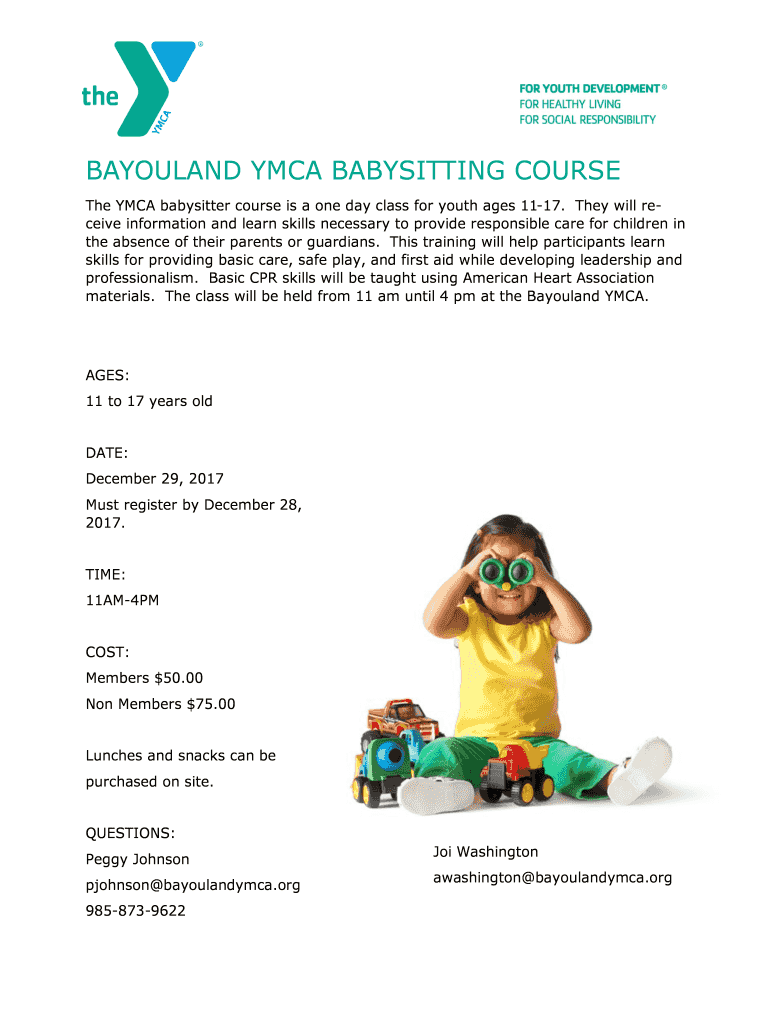Fillable Online BAYOULAND YMCA BABYSITTING COURSE Fax Email Print