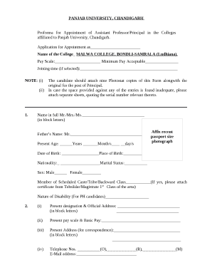 Proforma for Appointment of Assistant Professor/Principal in the Colleges affiliated to Panjab University, Chandigarh