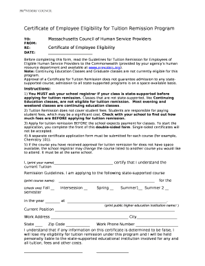 Certificate of Employee Eligibility for Tuition Remission Program