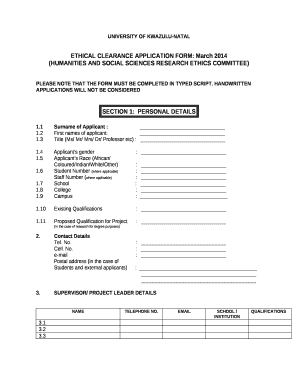 ETHICAL CLEARANCE APPLICATION FORM: March 2014