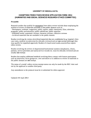 EXEMPTION FROM ETHICS REVIEW APPLICATION FORM: 2014