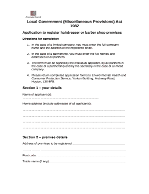 Application to register hairdresser or barber shop premises