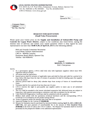 Please quote your lowest price on the Supply and Installation of Submersible Pump and Controls for Lupao Water District, subject to the conditions also listed below, stating the shortest time of delivery and submit your sealed quotation