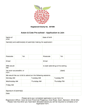 Aston & Cote Pre-school - Application to Join