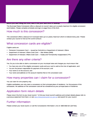 The Municipal Rates Concession offers a discount on council rates up to a yearly maximum for eligible concession card holders